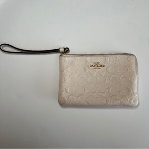 Coach Signature Embossed Leather Corner Zip Cream Wristlet